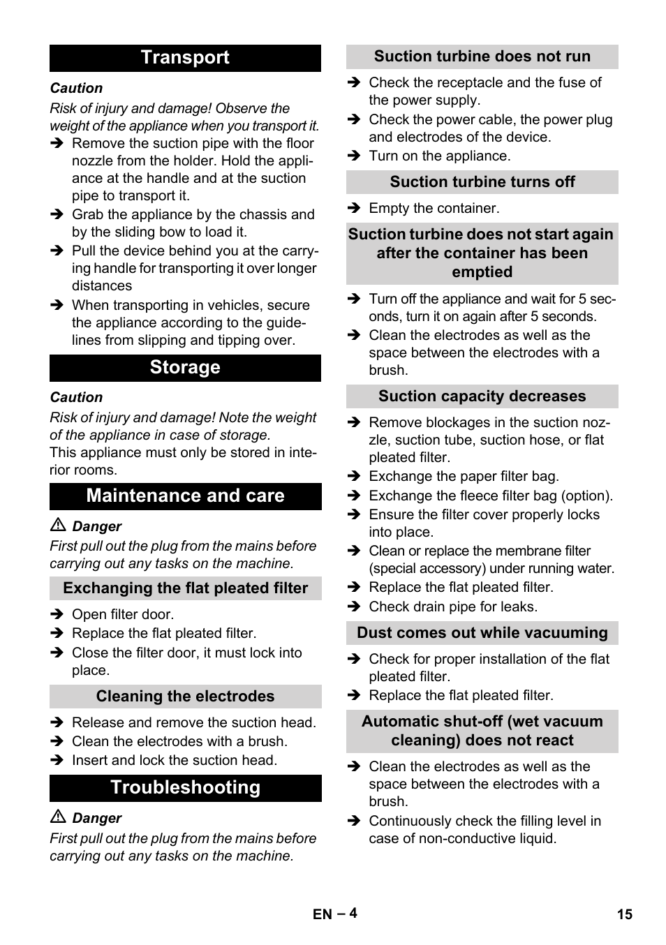 Transport storage maintenance and care, Troubleshooting | Karcher NT 65-2 Tact Tc User Manual | Page 15 / 184