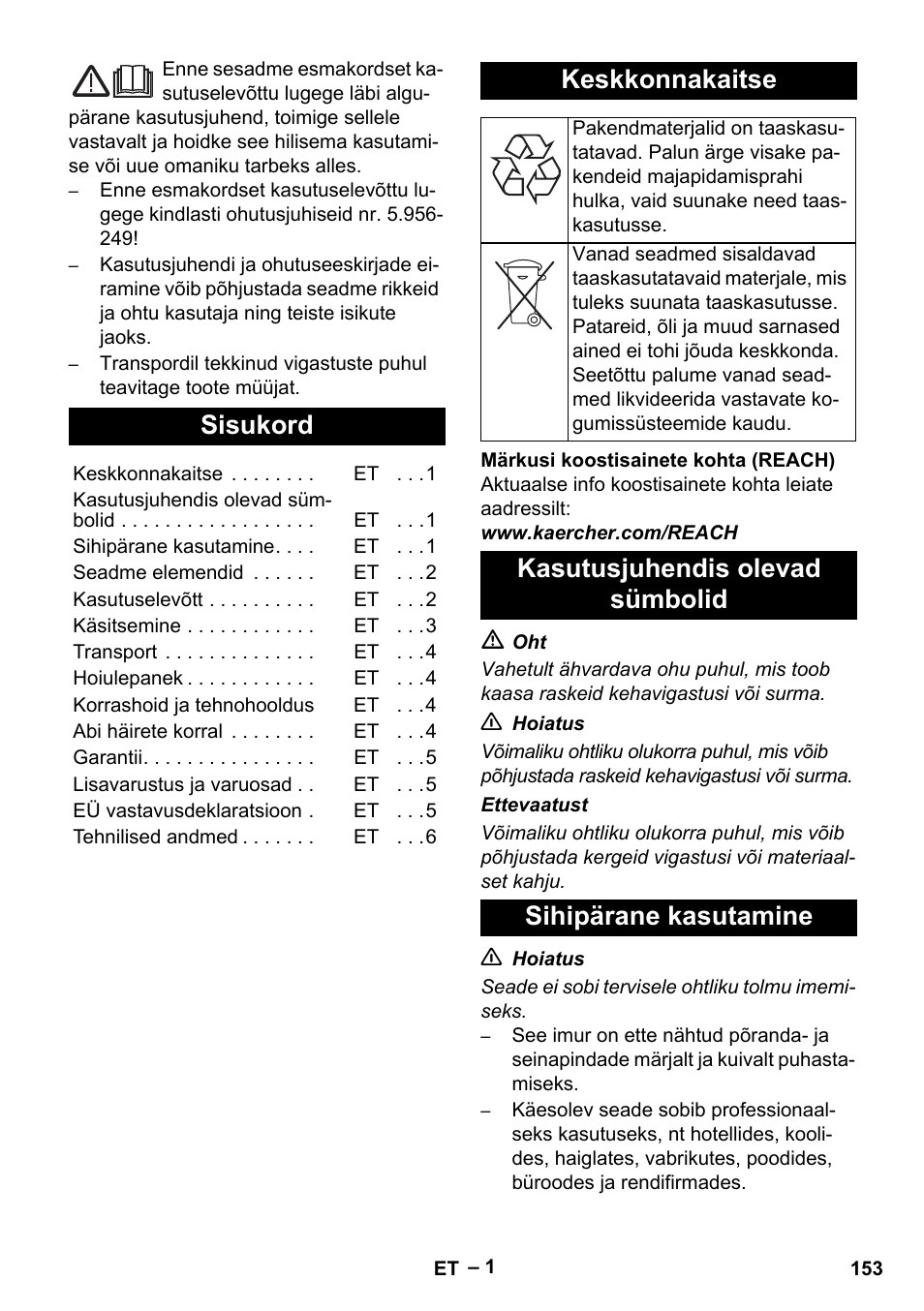 Eesti, Sisukord, Keskkonnakaitse | Karcher NT 65-2 Tact Tc User Manual | Page 153 / 184