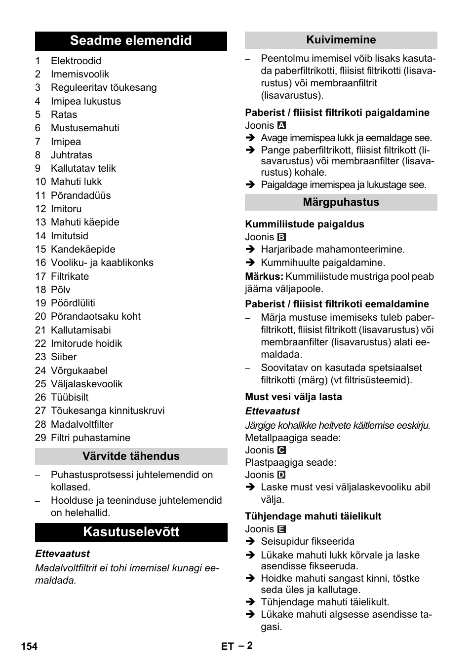 Seadme elemendid, Kasutuselevõtt | Karcher NT 65-2 Tact Tc User Manual | Page 154 / 184