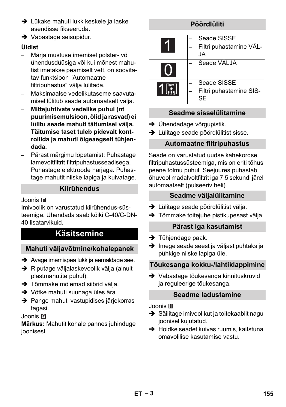 Käsitsemine | Karcher NT 65-2 Tact Tc User Manual | Page 155 / 184