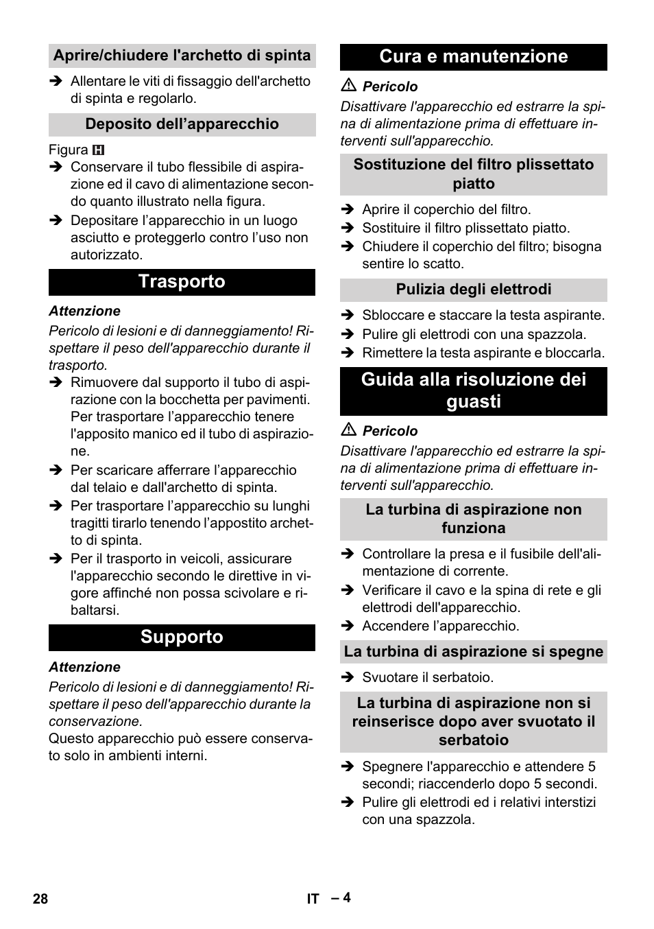 Trasporto supporto cura e manutenzione, Guida alla risoluzione dei guasti | Karcher NT 65-2 Tact Tc User Manual | Page 28 / 184