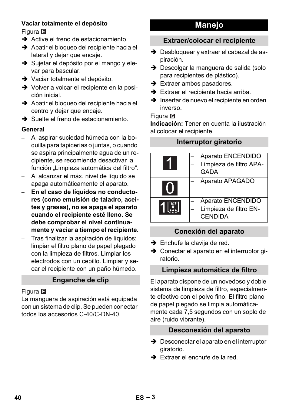 Manejo | Karcher NT 65-2 Tact Tc User Manual | Page 40 / 184