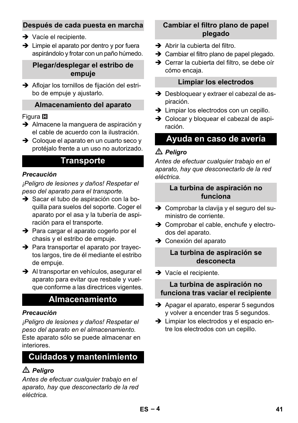 Transporte almacenamiento cuidados y mantenimiento, Ayuda en caso de avería | Karcher NT 65-2 Tact Tc User Manual | Page 41 / 184