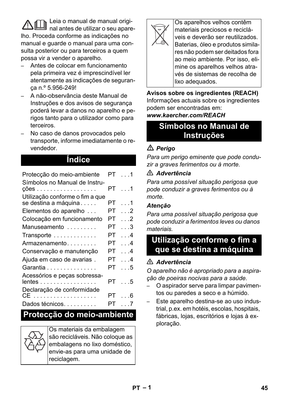 Português, Índice, Protecção do meio-ambiente | Karcher NT 65-2 Tact Tc User Manual | Page 45 / 184