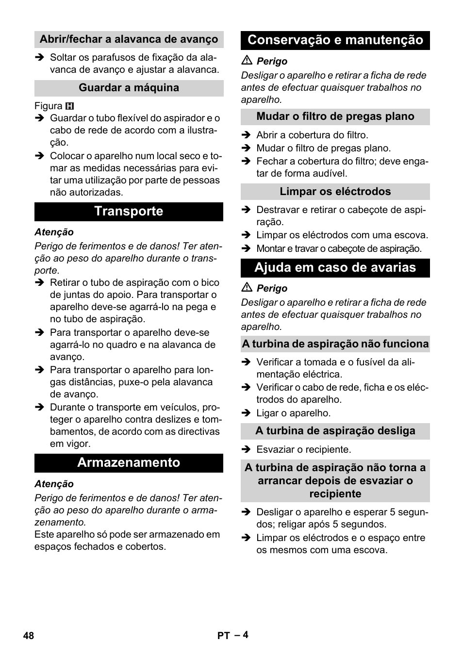 Transporte armazenamento conservação e manutenção, Ajuda em caso de avarias | Karcher NT 65-2 Tact Tc User Manual | Page 48 / 184