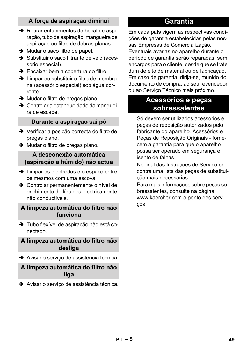 Garantia acessórios e peças sobressalentes | Karcher NT 65-2 Tact Tc User Manual | Page 49 / 184
