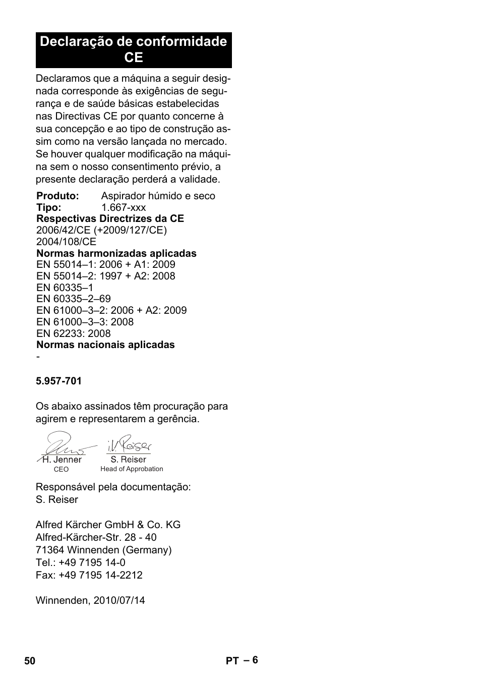 Declaração de conformidade ce | Karcher NT 65-2 Tact Tc User Manual | Page 50 / 184