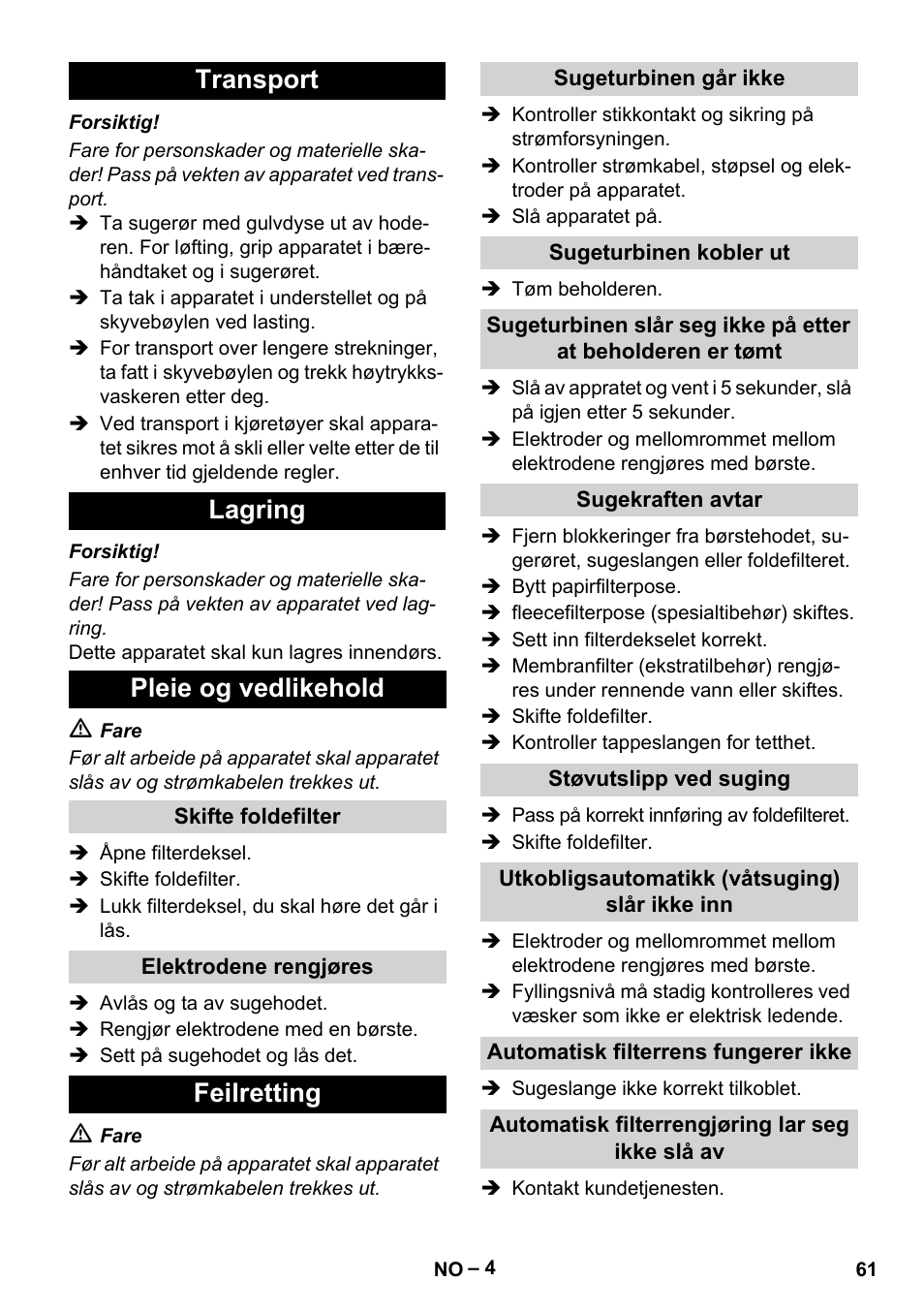 Transport lagring pleie og vedlikehold, Feilretting | Karcher NT 65-2 Tact Tc User Manual | Page 61 / 184