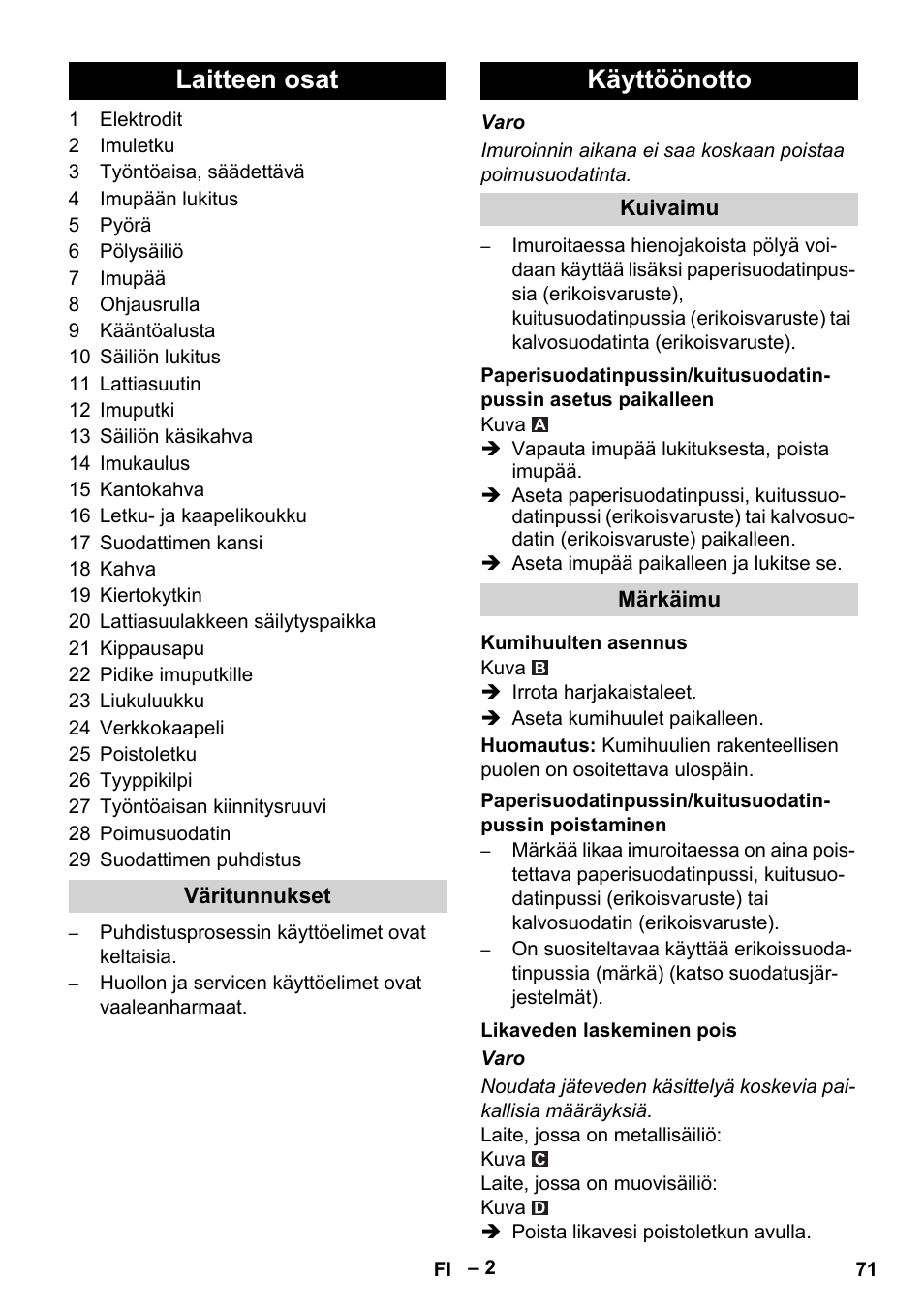 Laitteen osat, Käyttöönotto | Karcher NT 65-2 Tact Tc User Manual | Page 71 / 184