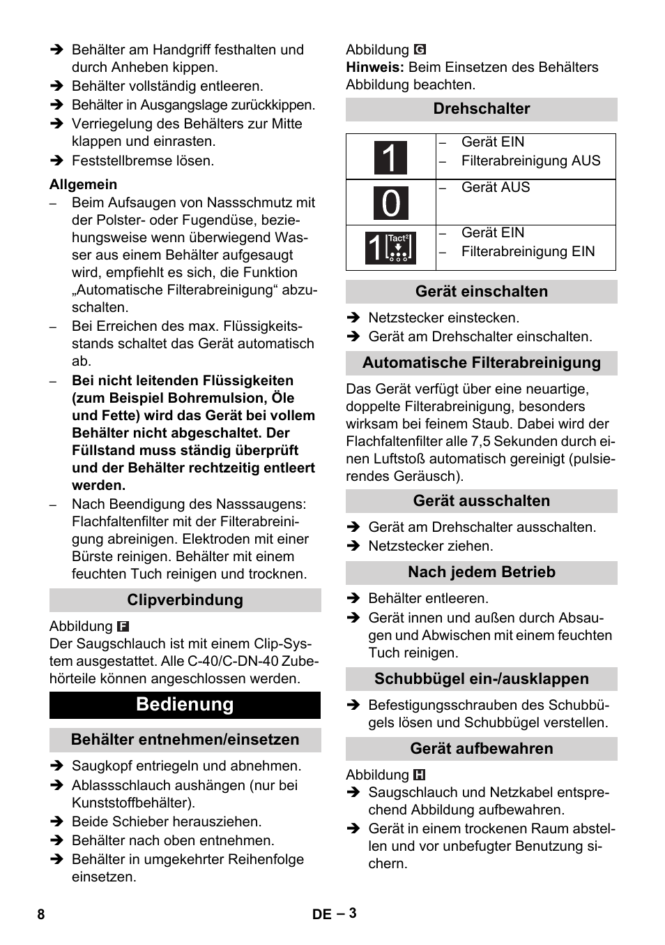 Bedienung | Karcher NT 65-2 Tact Tc User Manual | Page 8 / 184