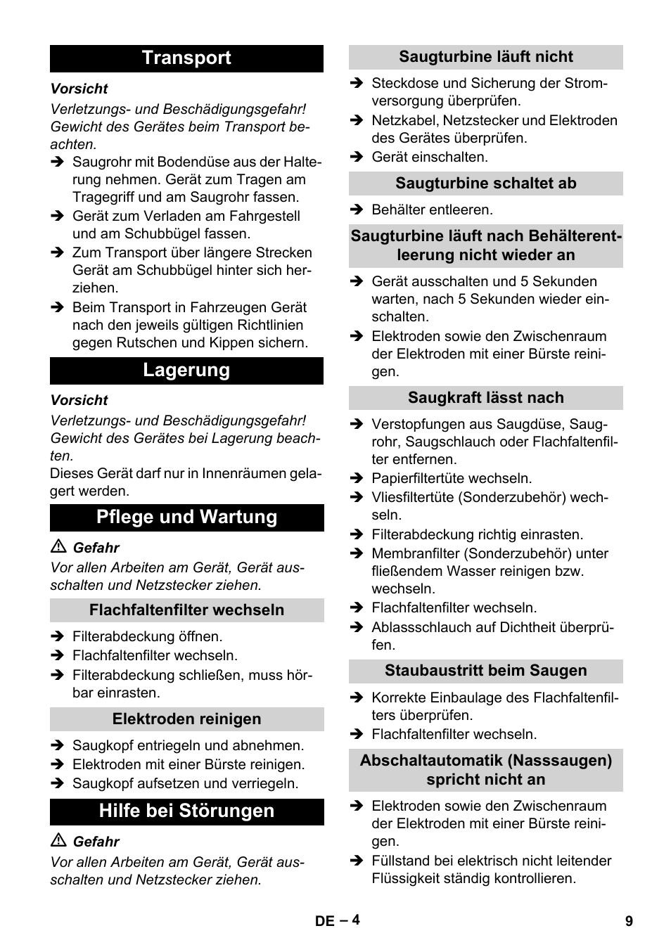 Transport lagerung pflege und wartung, Hilfe bei störungen | Karcher NT 65-2 Tact Tc User Manual | Page 9 / 184