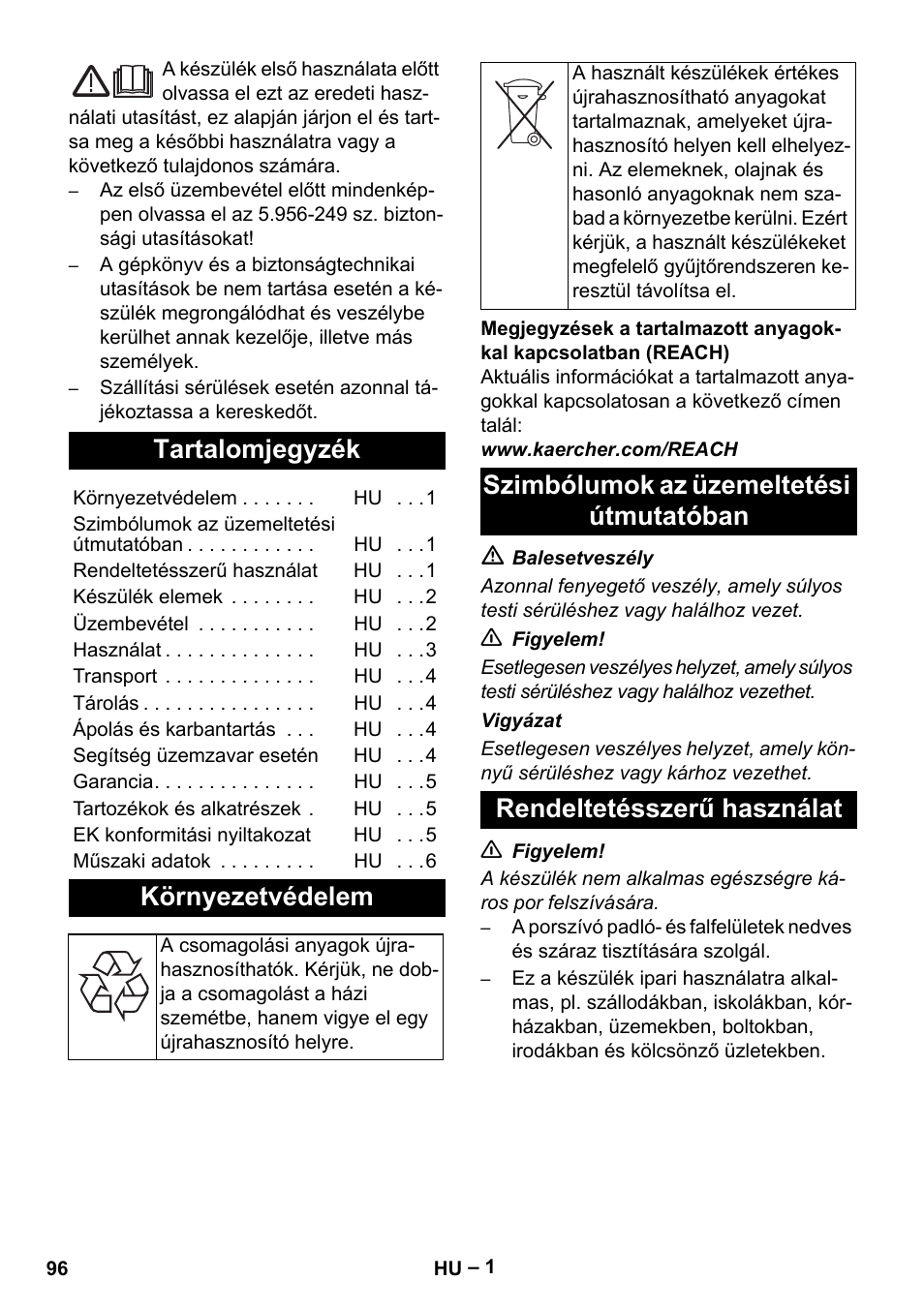 Magyar, Tartalomjegyzék, Környezetvédelem | Karcher NT 65-2 Tact Tc User Manual | Page 96 / 184