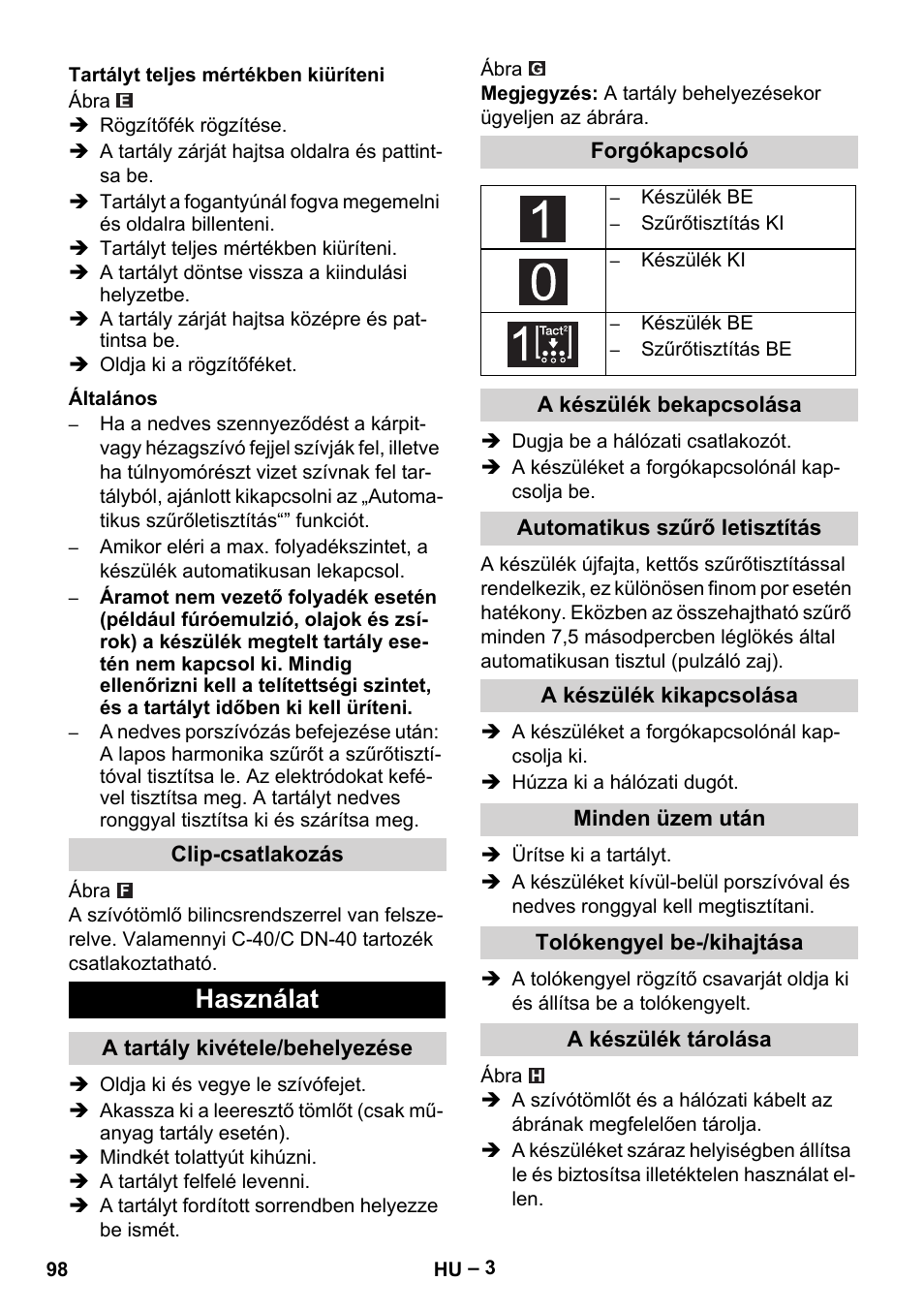 Használat | Karcher NT 65-2 Tact Tc User Manual | Page 98 / 184