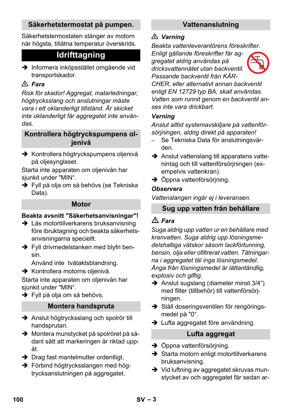 Idrifttagning | Karcher HD 1040 B User Manual | Page 100 / 248