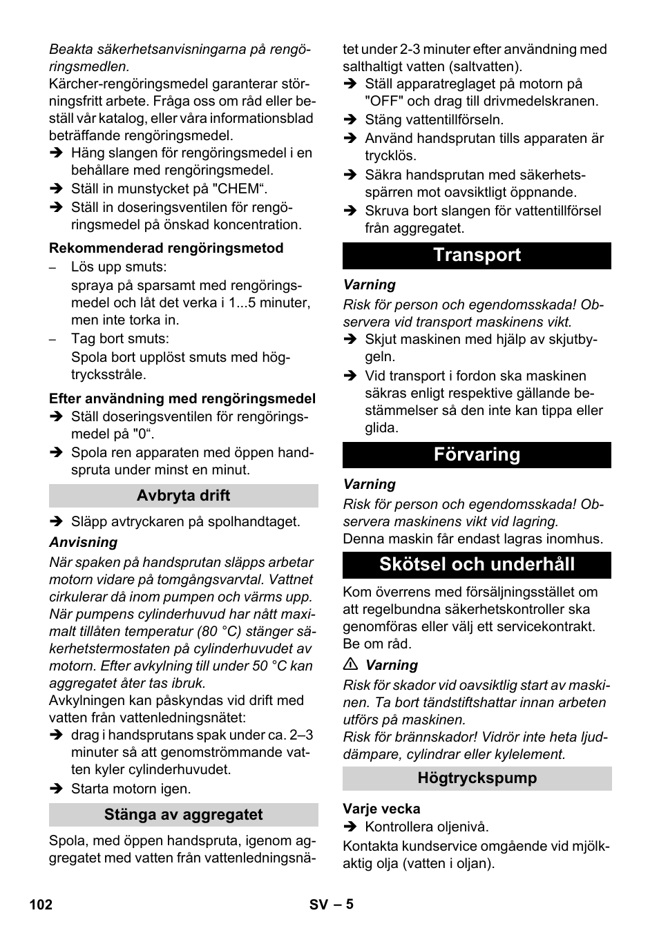 Transport förvaring skötsel och underhåll | Karcher HD 1040 B User Manual | Page 102 / 248