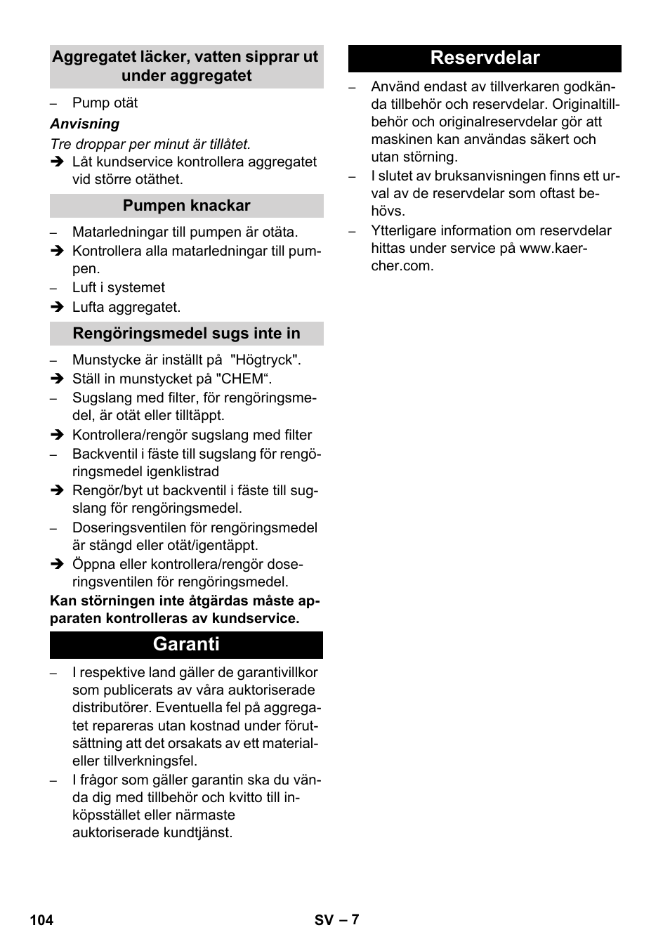 Garanti reservdelar | Karcher HD 1040 B User Manual | Page 104 / 248