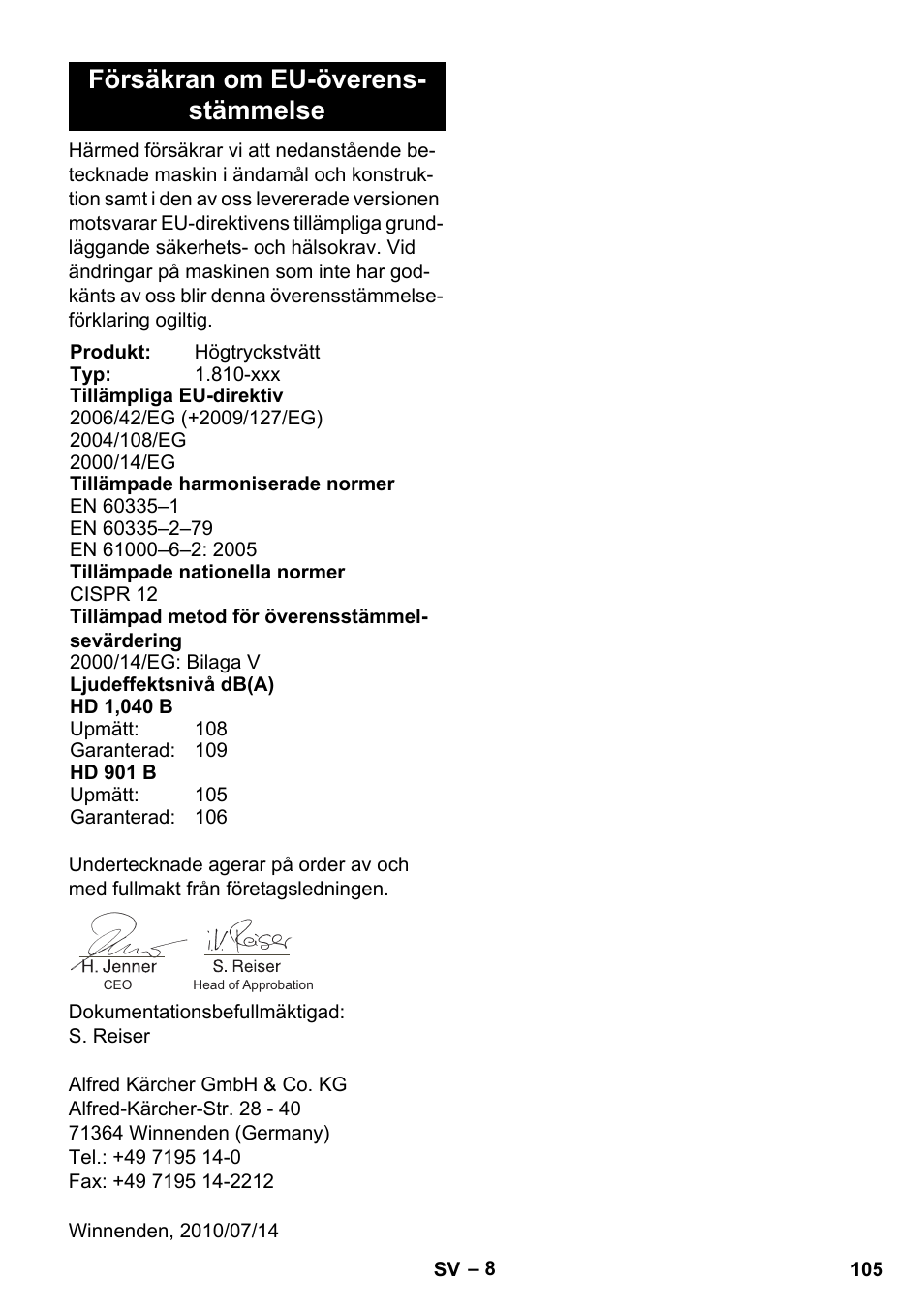 Försäkran om eu-överens- stämmelse | Karcher HD 1040 B User Manual | Page 105 / 248