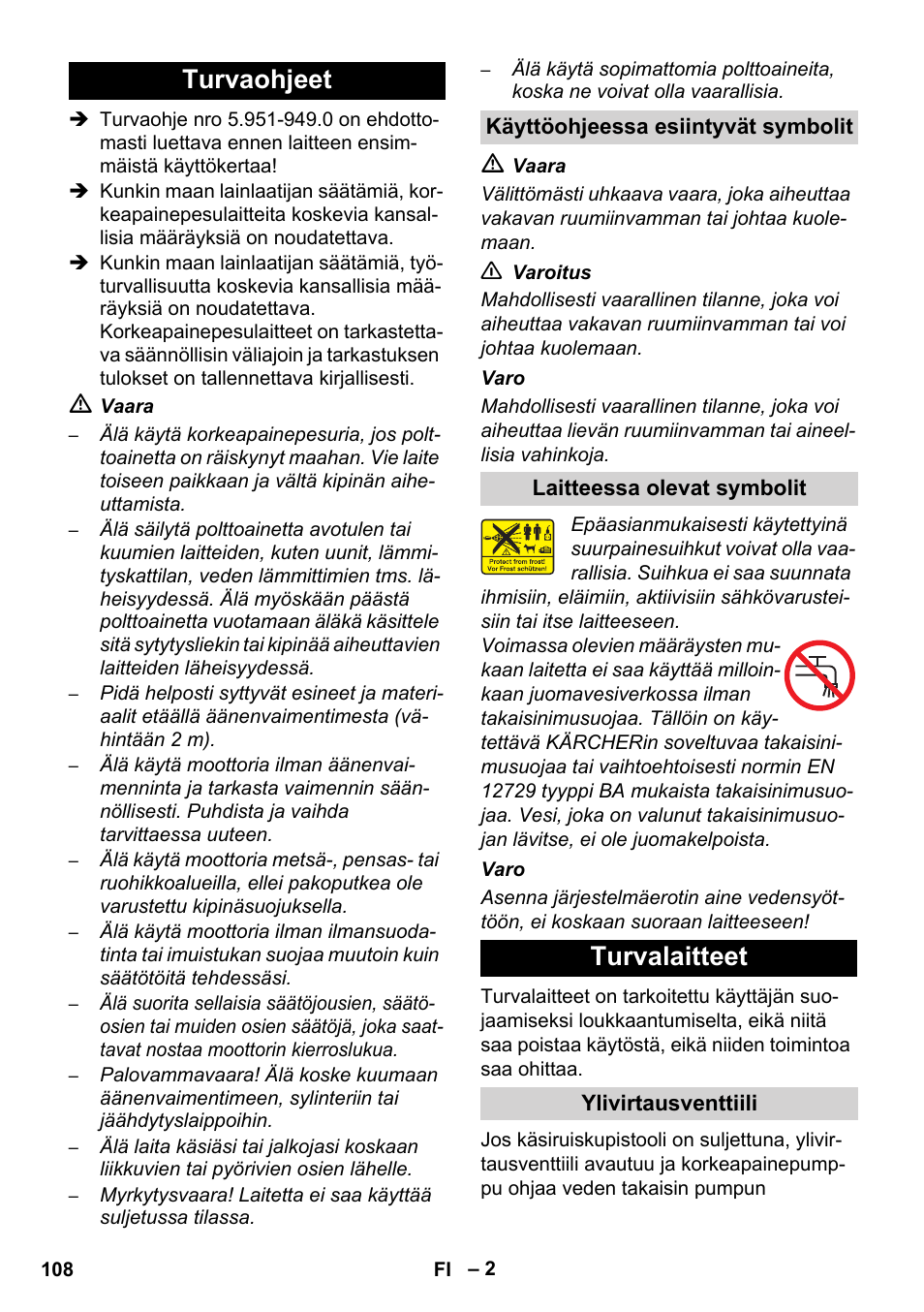 Turvaohjeet, Turvalaitteet | Karcher HD 1040 B User Manual | Page 108 / 248