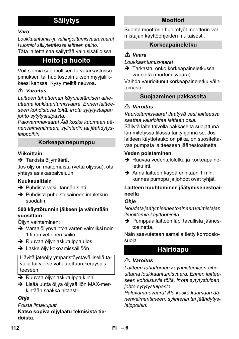 Säilytys hoito ja huolto, Häiriöapu | Karcher HD 1040 B User Manual | Page 112 / 248