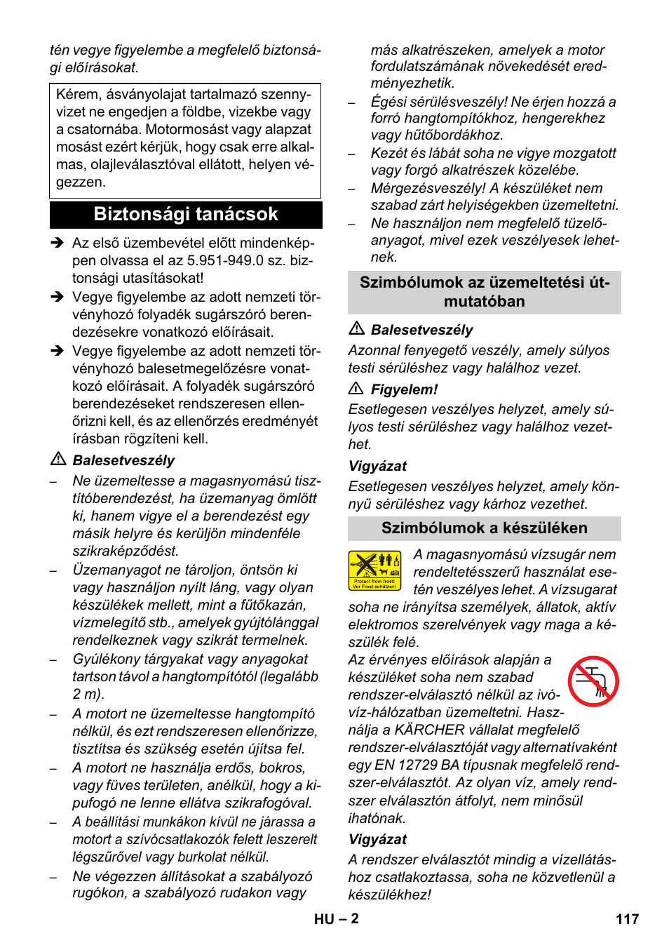 Biztonsági tanácsok | Karcher HD 1040 B User Manual | Page 117 / 248