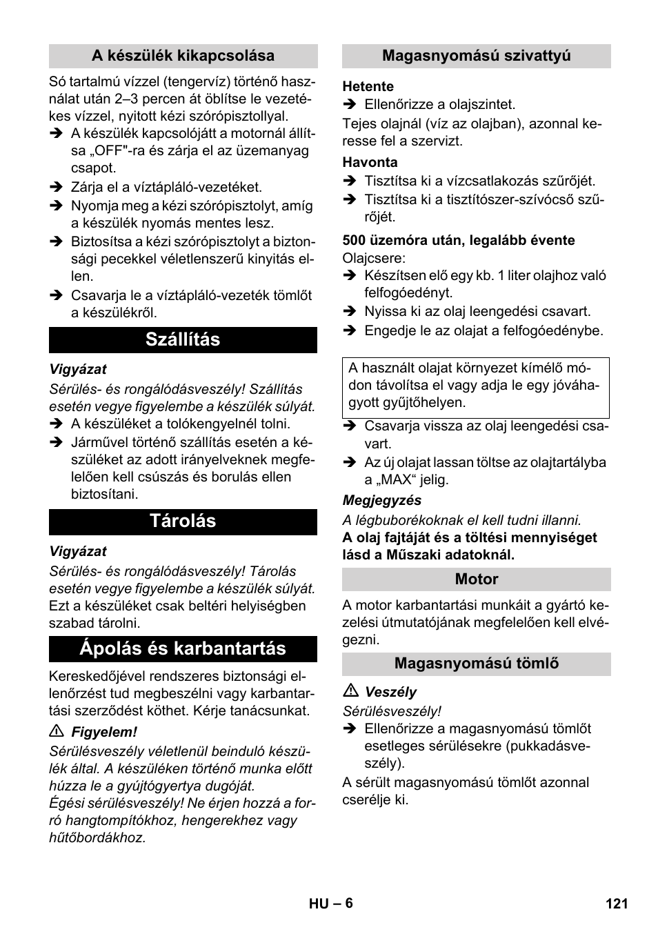 Szállítás tárolás ápolás és karbantartás | Karcher HD 1040 B User Manual | Page 121 / 248