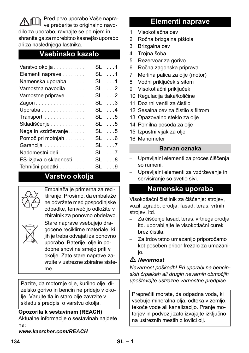 Slovenščina, Vsebinsko kazalo, Varstvo okolja | Elementi naprave, Namenska uporaba | Karcher HD 1040 B User Manual | Page 134 / 248