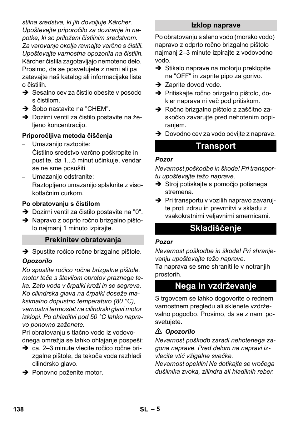 Transport skladiščenje nega in vzdrževanje | Karcher HD 1040 B User Manual | Page 138 / 248