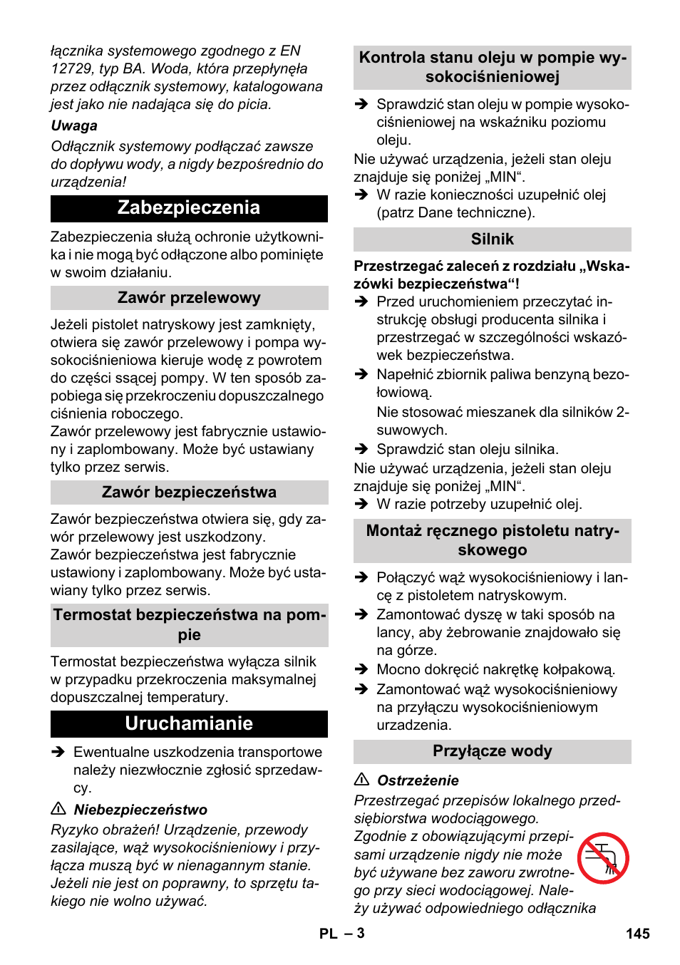 Zabezpieczenia, Uruchamianie | Karcher HD 1040 B User Manual | Page 145 / 248