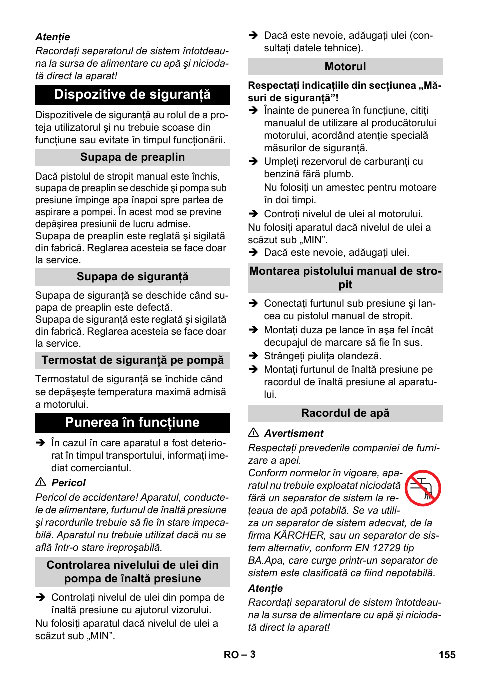 Dispozitive de siguranţă, Punerea în funcţiune | Karcher HD 1040 B User Manual | Page 155 / 248