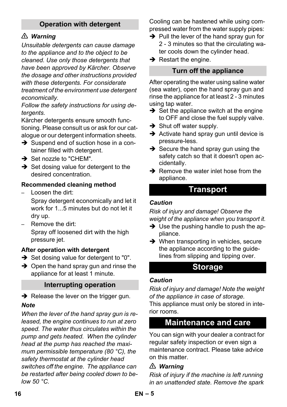 Transport storage maintenance and care | Karcher HD 1040 B User Manual | Page 16 / 248