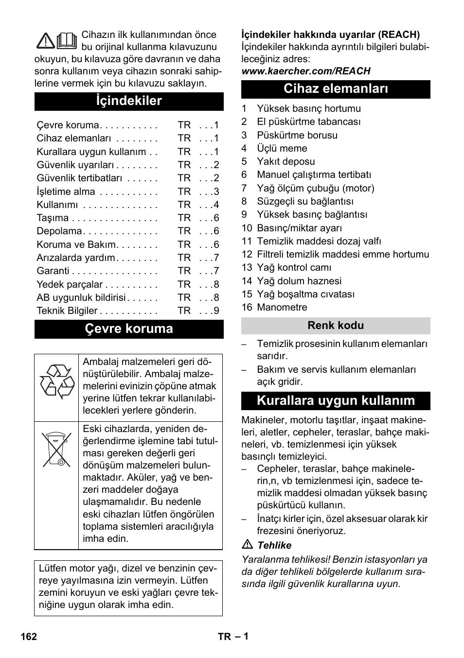 Türkçe, Içindekiler, Çevre koruma | Cihaz elemanları, Kurallara uygun kullanım | Karcher HD 1040 B User Manual | Page 162 / 248