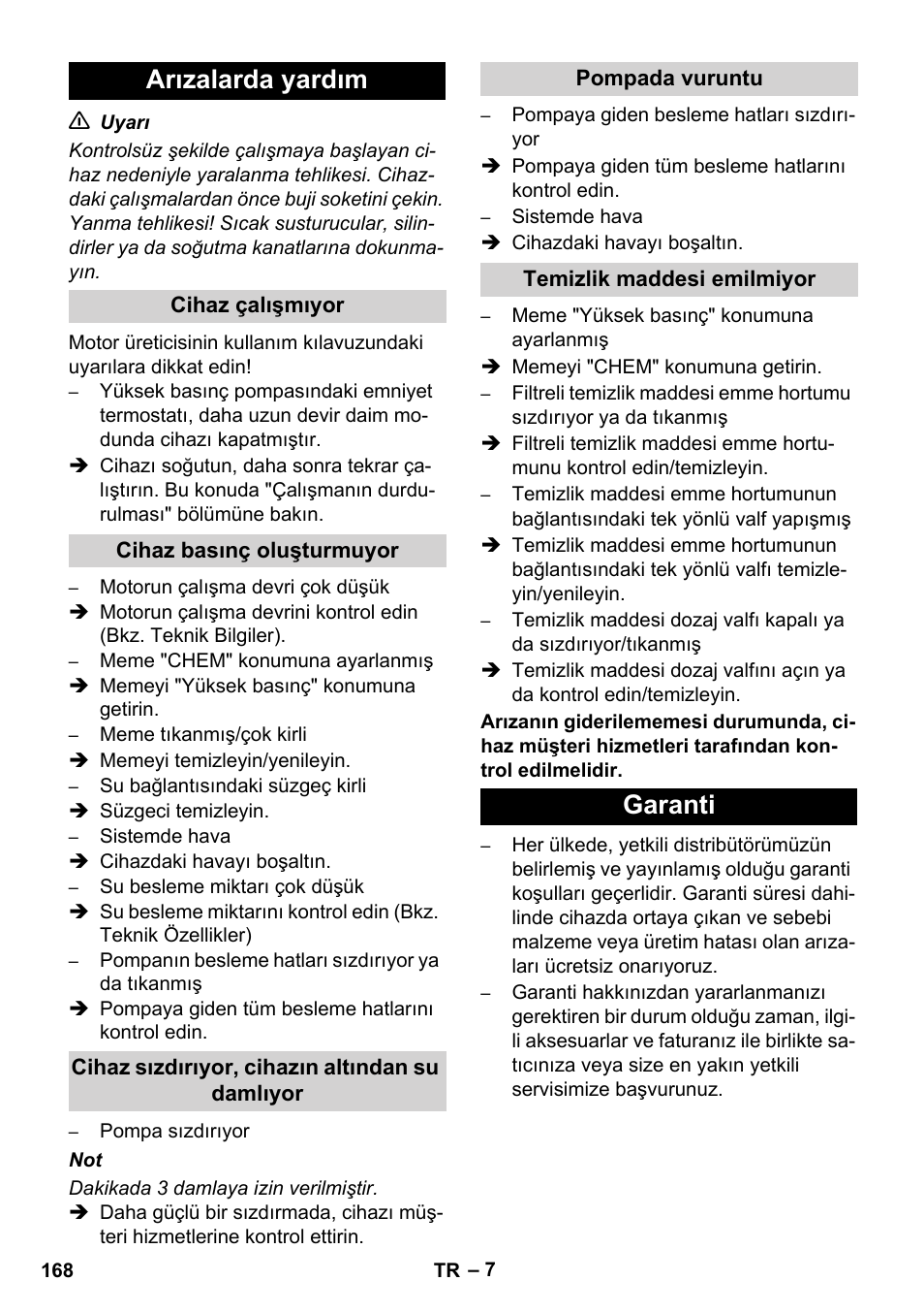 Arızalarda yardım, Garanti | Karcher HD 1040 B User Manual | Page 168 / 248