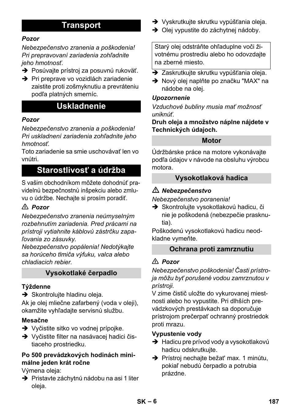 Transport uskladnenie starostlivosť a údržba | Karcher HD 1040 B User Manual | Page 187 / 248