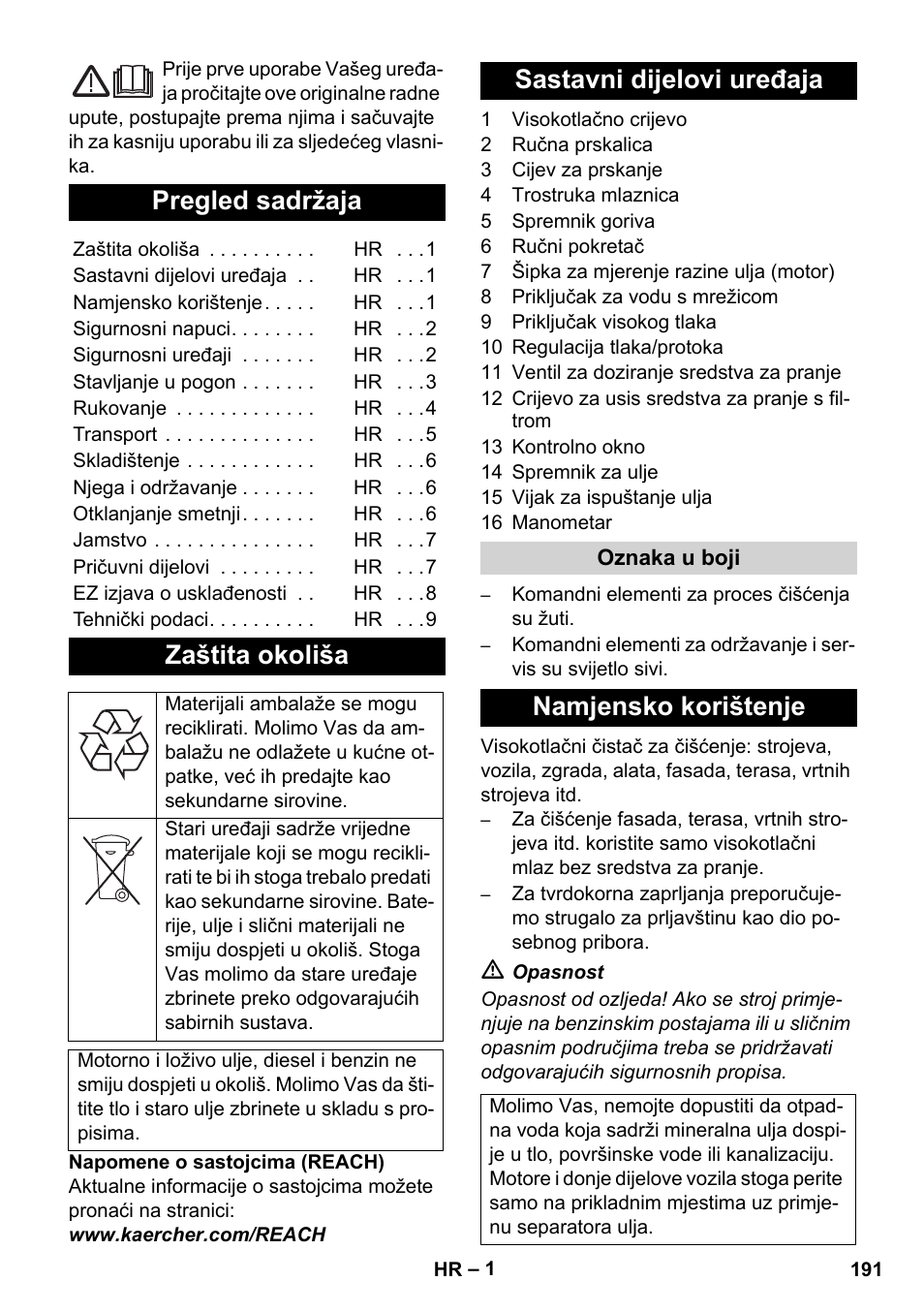 Hrvatski, Pregled sadržaja, Zaštita okoliša | Sastavni dijelovi uređaja, Namjensko korištenje | Karcher HD 1040 B User Manual | Page 191 / 248