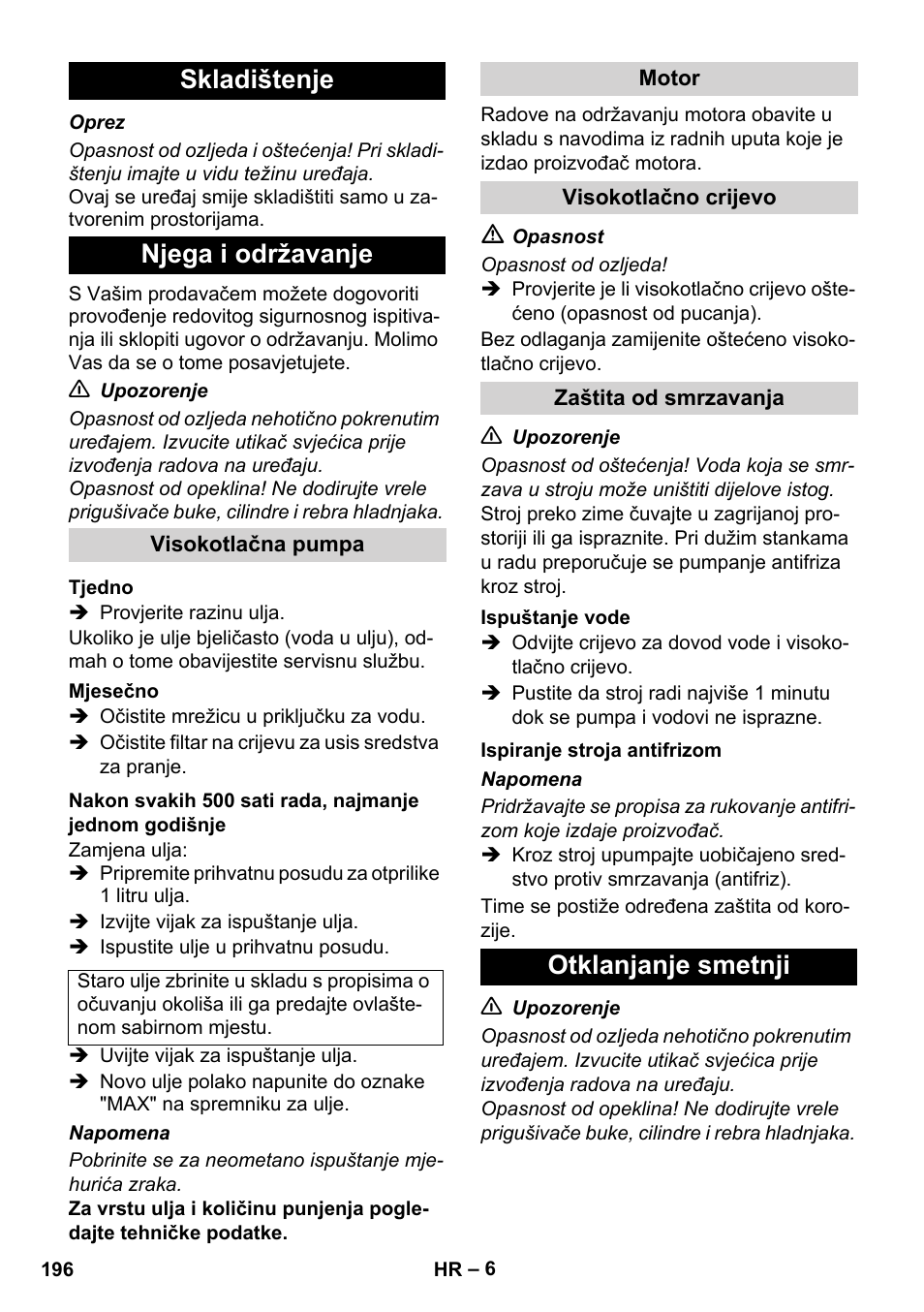 Skladištenje njega i održavanje, Otklanjanje smetnji | Karcher HD 1040 B User Manual | Page 196 / 248