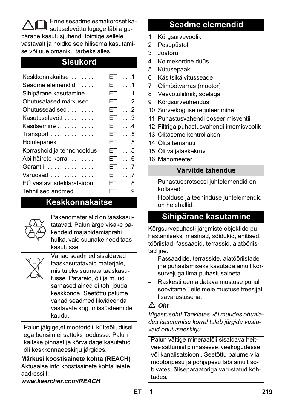 Eesti, Sisukord, Keskkonnakaitse | Seadme elemendid, Sihipärane kasutamine | Karcher HD 1040 B User Manual | Page 219 / 248