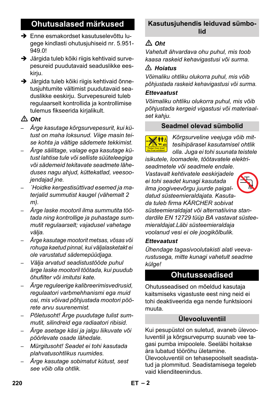 Ohutusalased märkused, Ohutusseadised | Karcher HD 1040 B User Manual | Page 220 / 248