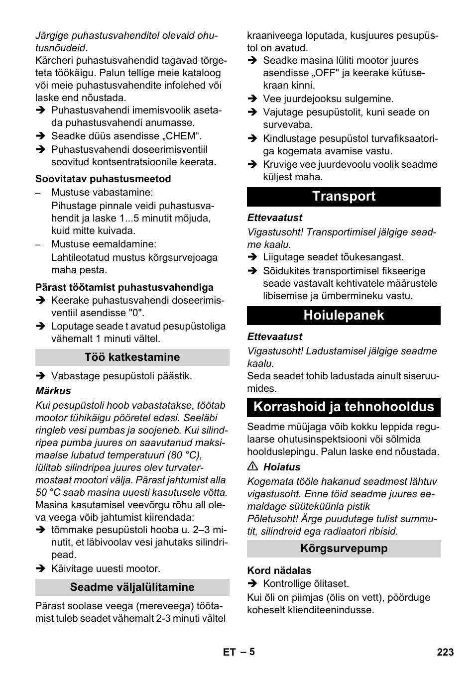 Transport hoiulepanek korrashoid ja tehnohooldus | Karcher HD 1040 B User Manual | Page 223 / 248