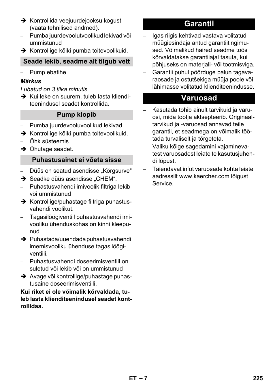 Garantii varuosad | Karcher HD 1040 B User Manual | Page 225 / 248