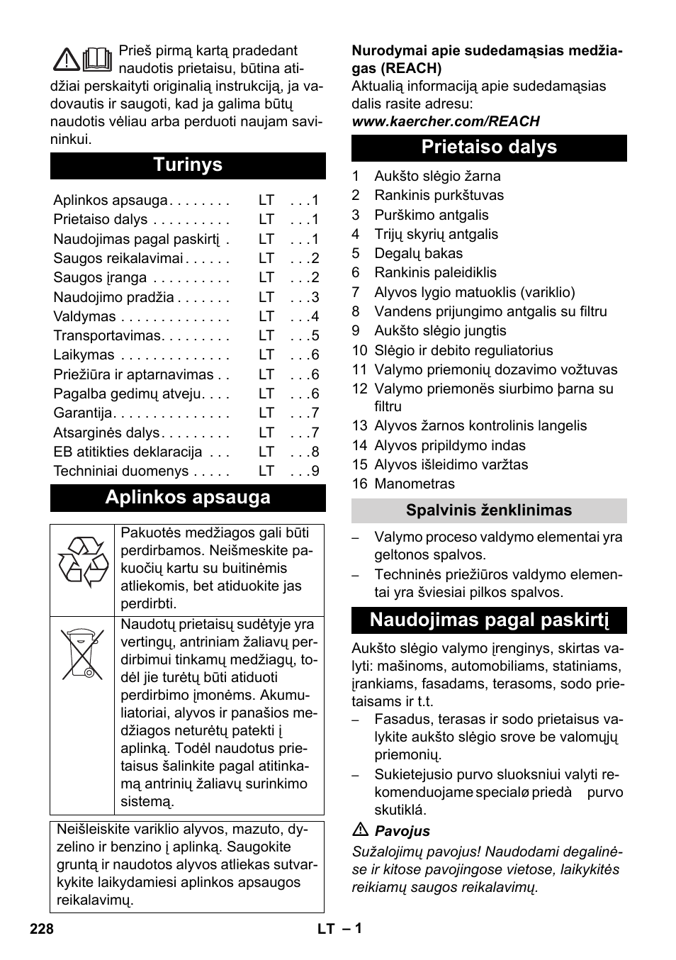 Lietuviškai, Turinys, Aplinkos apsauga | Prietaiso dalys, Naudojimas pagal paskirtį | Karcher HD 1040 B User Manual | Page 228 / 248