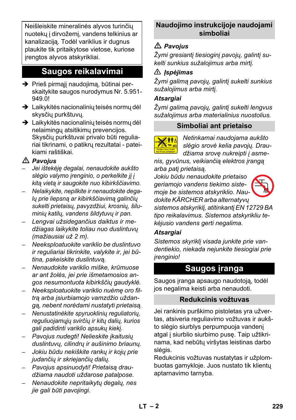 Saugos reikalavimai, Saugos įranga | Karcher HD 1040 B User Manual | Page 229 / 248