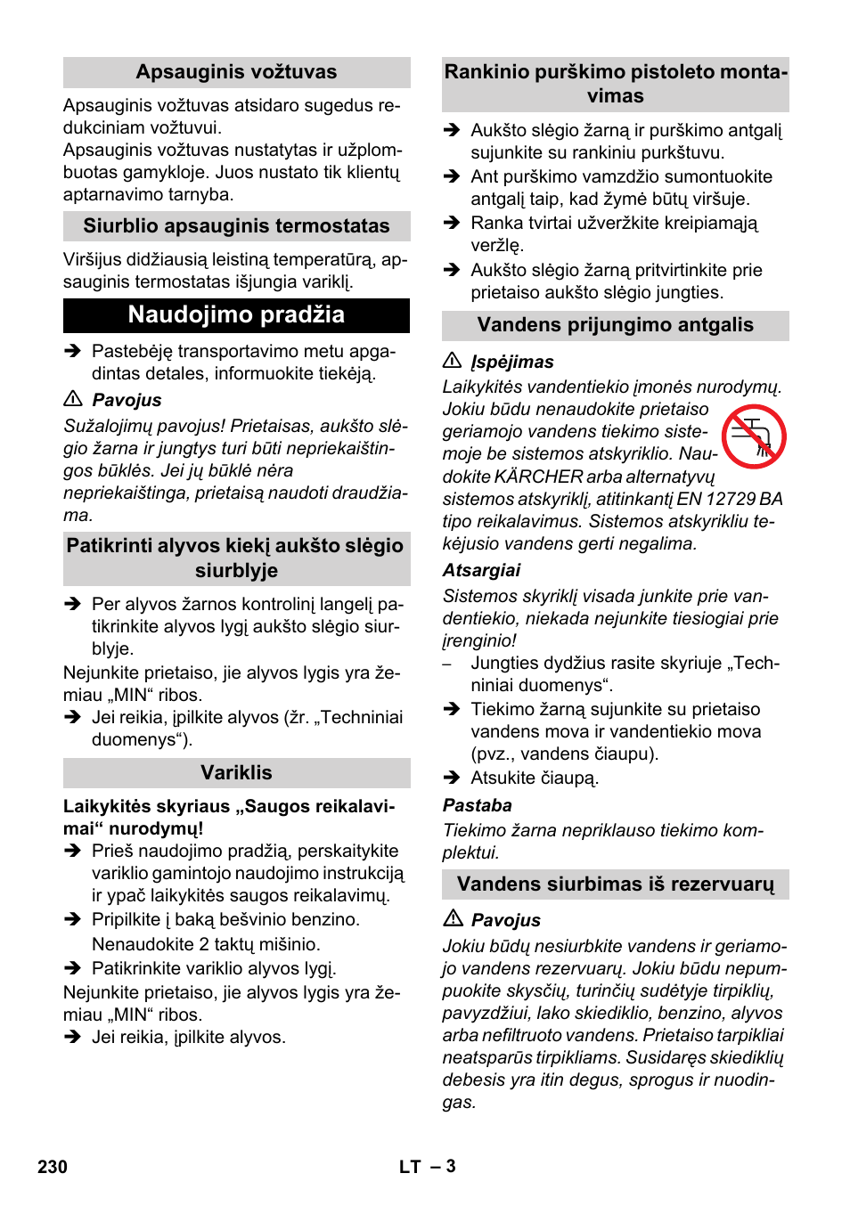 Naudojimo pradžia | Karcher HD 1040 B User Manual | Page 230 / 248