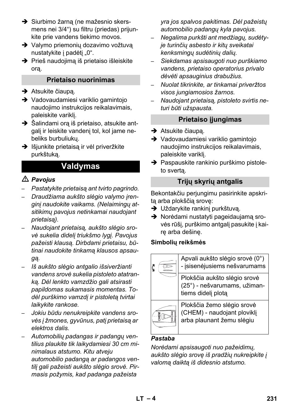 Valdymas | Karcher HD 1040 B User Manual | Page 231 / 248