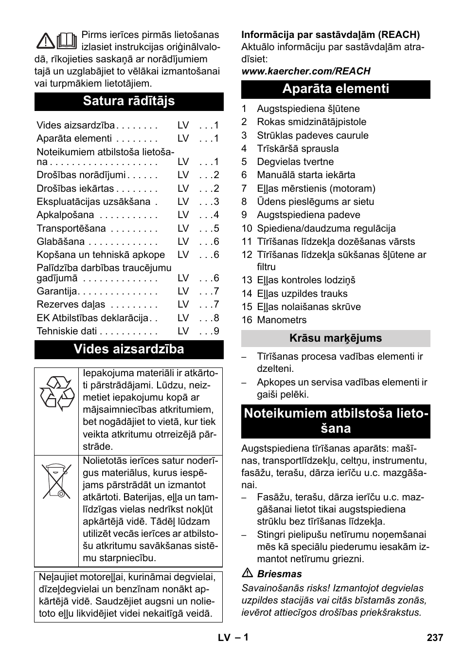 Latviešu, Satura rādītājs, Vides aizsardzība | Aparāta elementi | Karcher HD 1040 B User Manual | Page 237 / 248