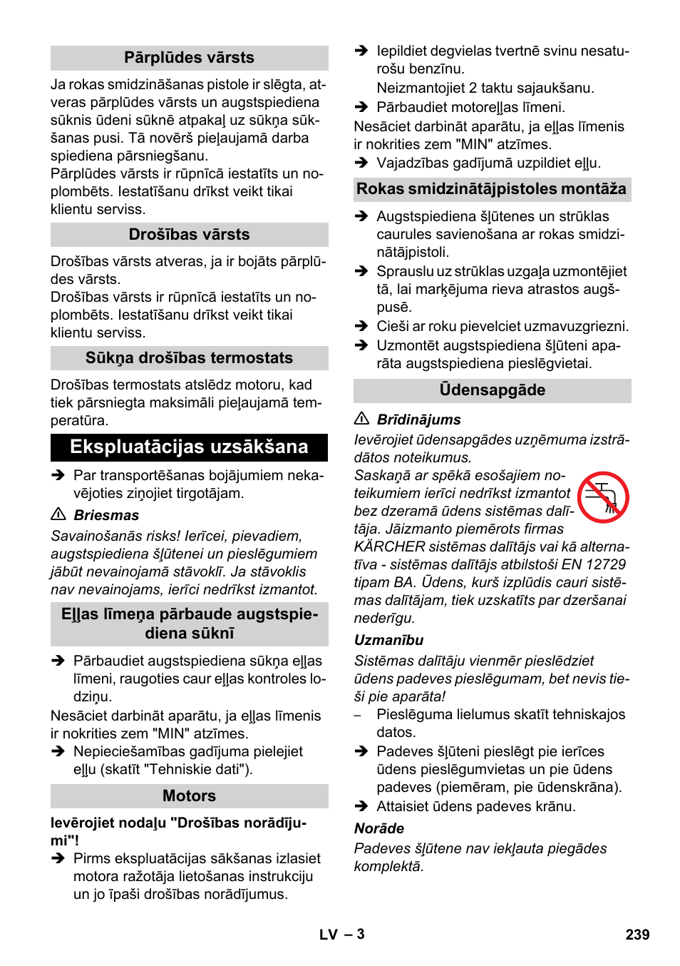 Ekspluatācijas uzsākšana | Karcher HD 1040 B User Manual | Page 239 / 248