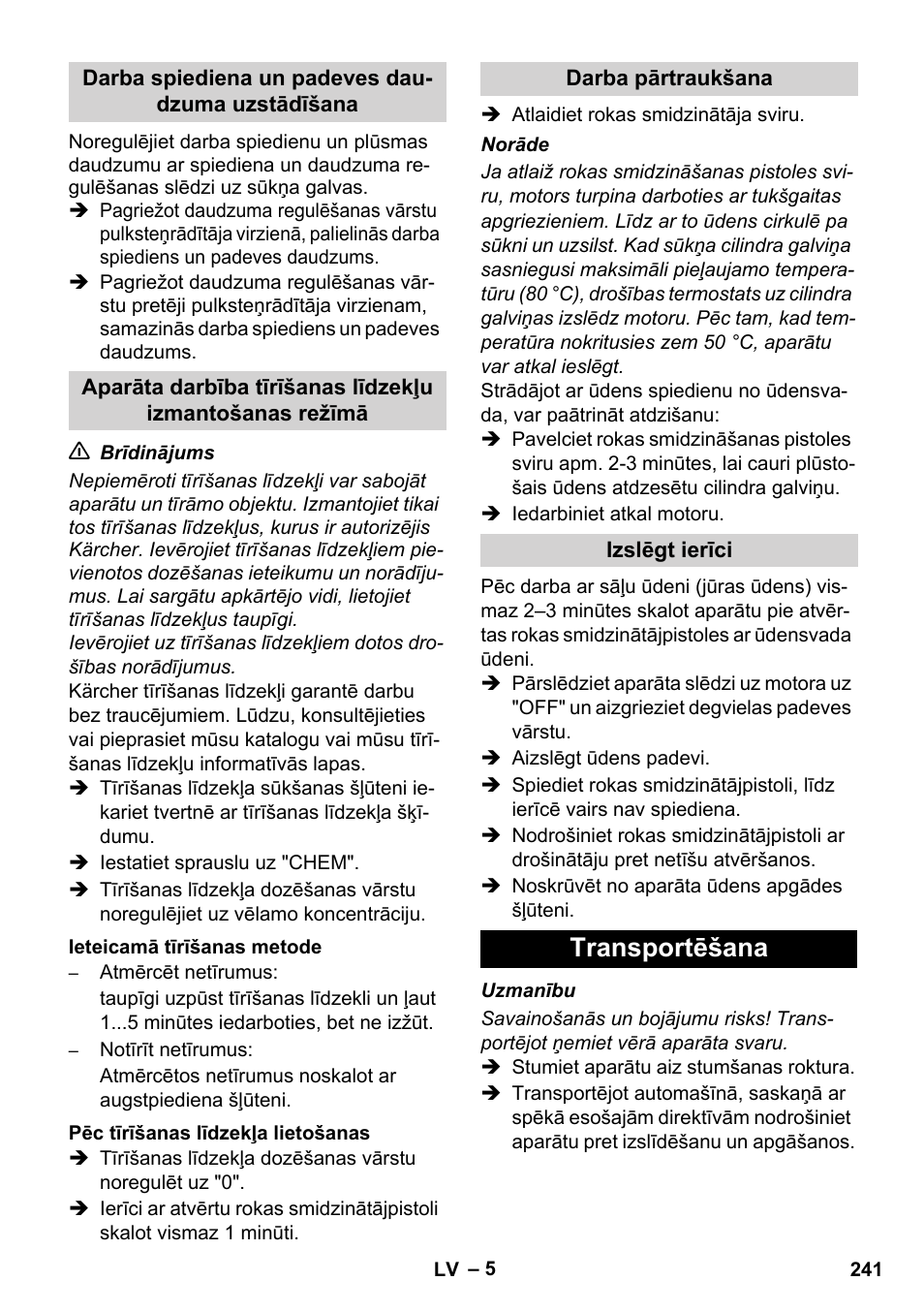 Transportēšana | Karcher HD 1040 B User Manual | Page 241 / 248