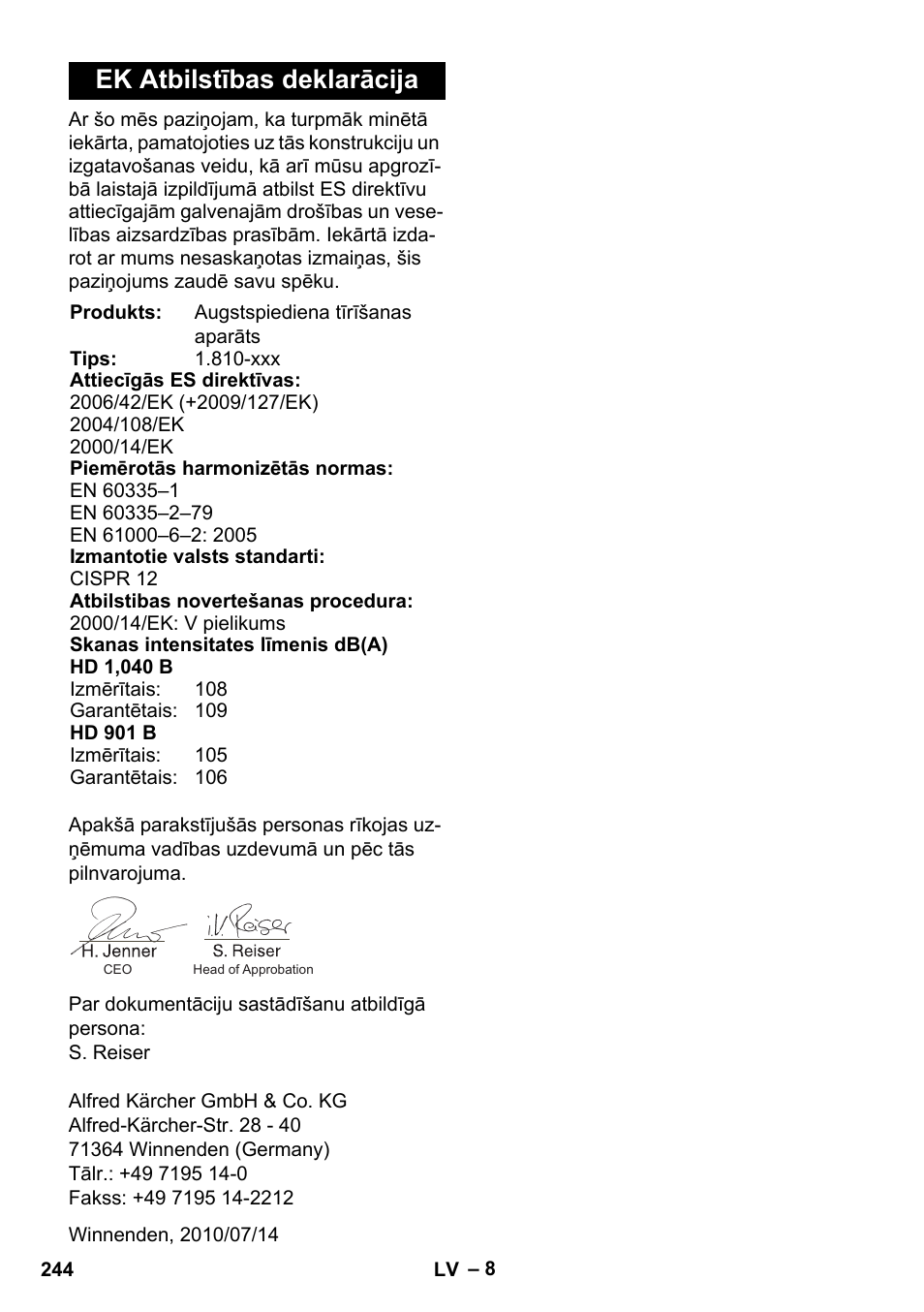 Ek atbilstības deklarācija | Karcher HD 1040 B User Manual | Page 244 / 248