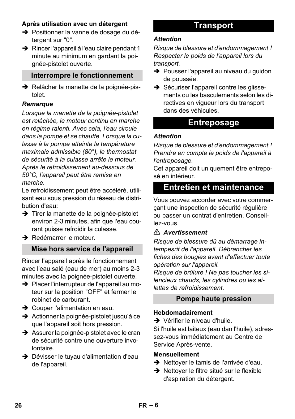 Transport entreposage entretien et maintenance | Karcher HD 1040 B User Manual | Page 26 / 248