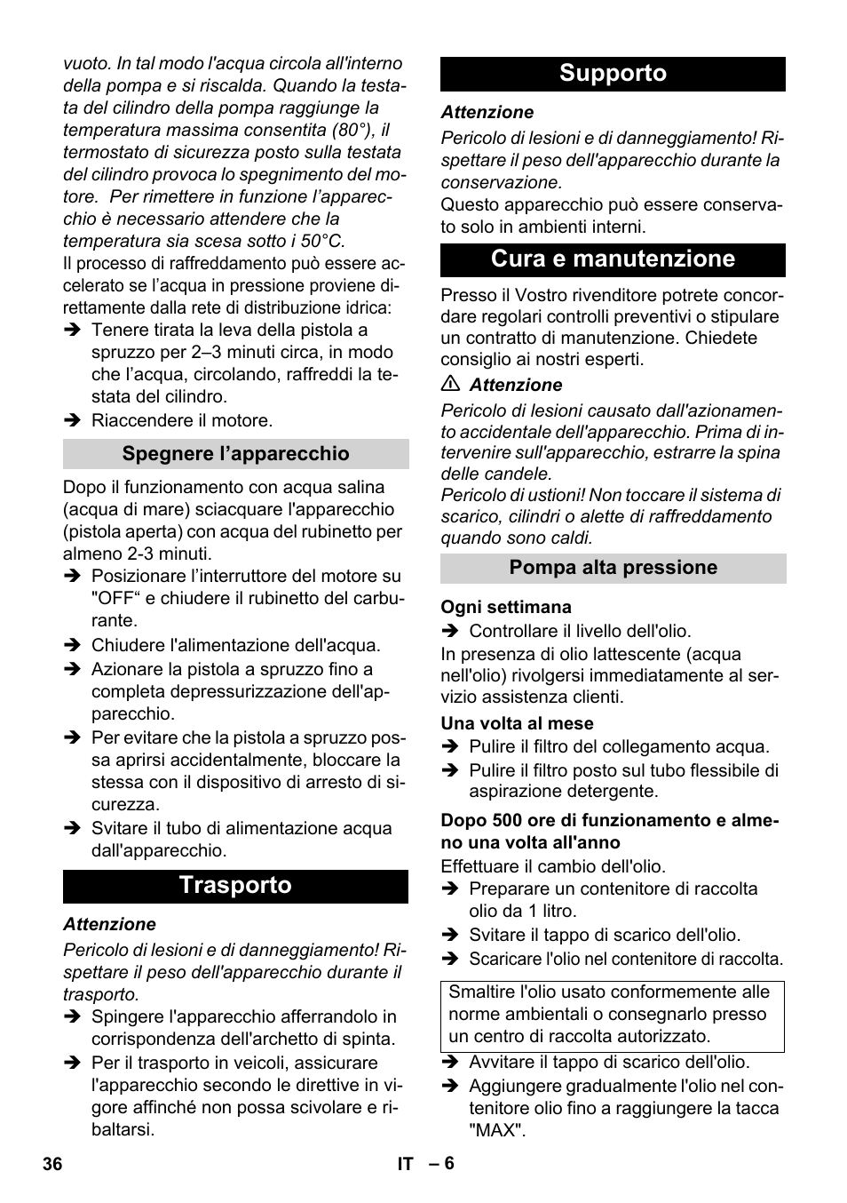 Trasporto supporto cura e manutenzione | Karcher HD 1040 B User Manual | Page 36 / 248