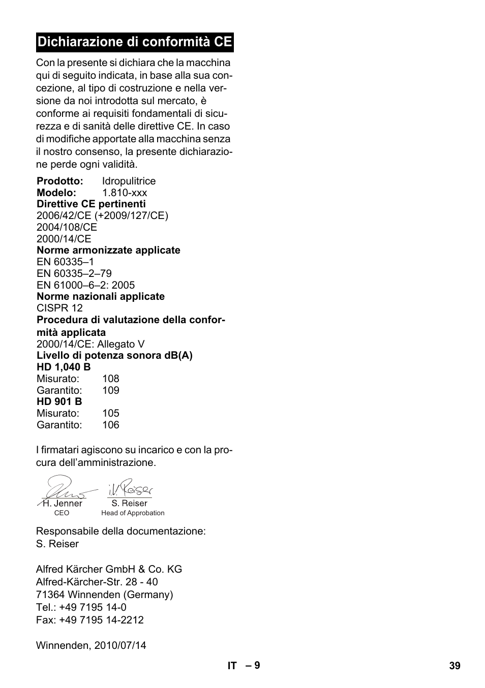 Dichiarazione di conformità ce | Karcher HD 1040 B User Manual | Page 39 / 248